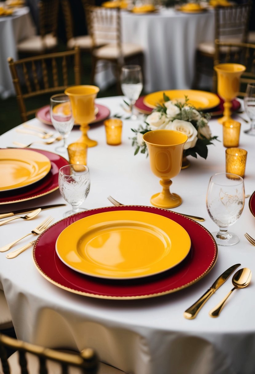 Ruby red charger plates topped with yellow dinnerware arranged in an elegant wedding table setting