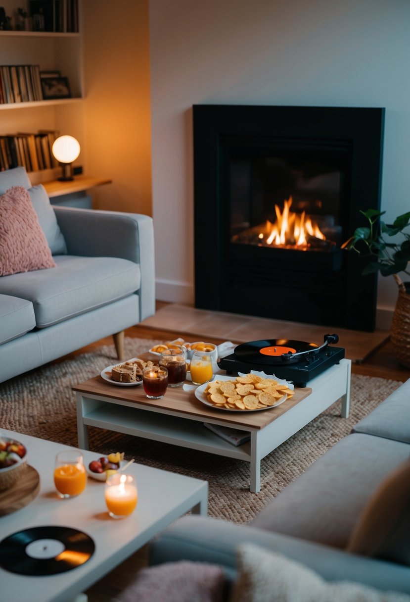 A cozy living room with soft lighting, a crackling fireplace, and a spread of snacks and drinks. A record player sits in the corner, ready to play a romantic Spotify playlist