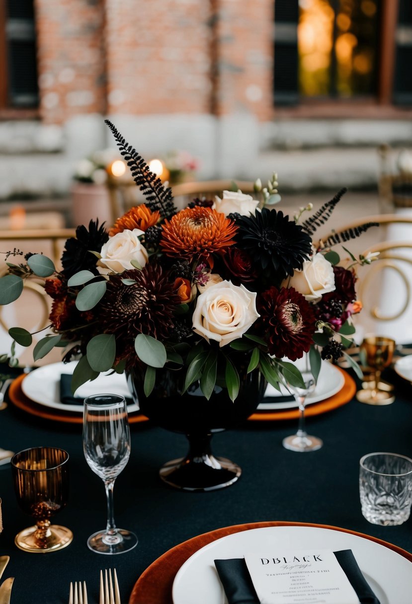 A black and rust-themed wedding with elegant floral centerpieces and rich velvet accents