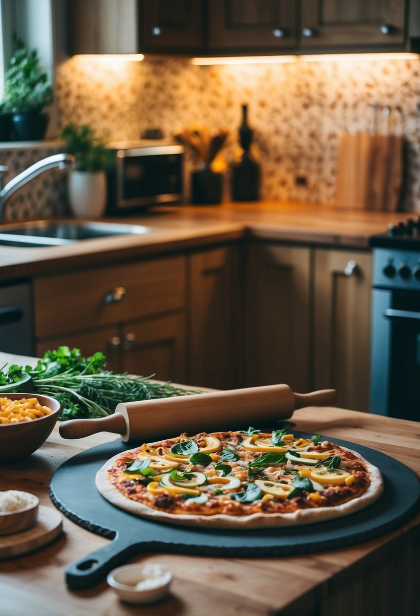 A cozy kitchen with fresh ingredients, a rolling pin, and a pizza stone ready for a DIY pizza night