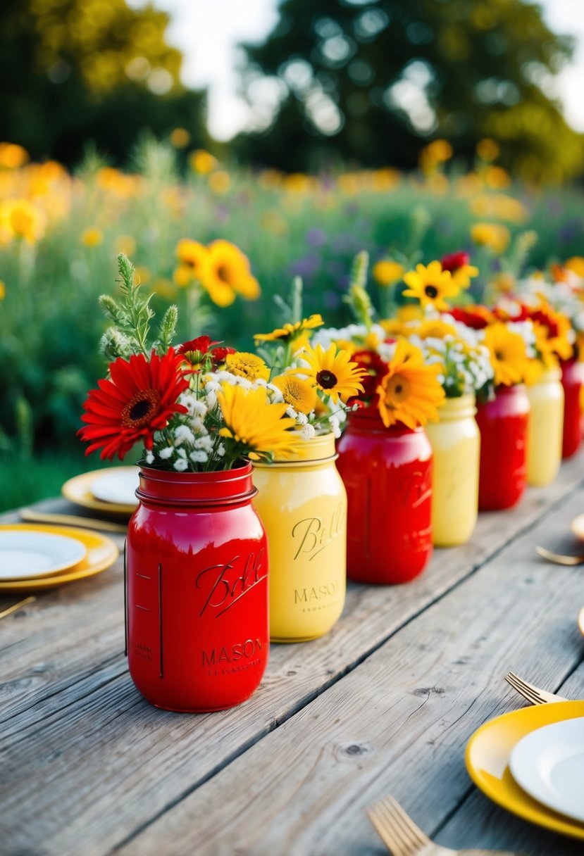 A rustic wooden table adorned with red and yellow mason jars filled with wildflowers, creating a warm and vibrant wedding color scheme