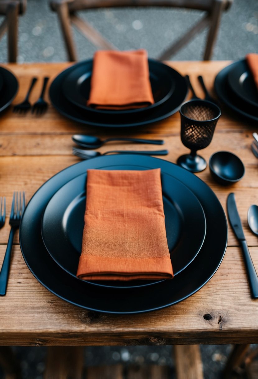 A rustic table setting with black and rust accents: black plates, rust-colored napkins, and dark metallic cutlery arranged on a wooden table