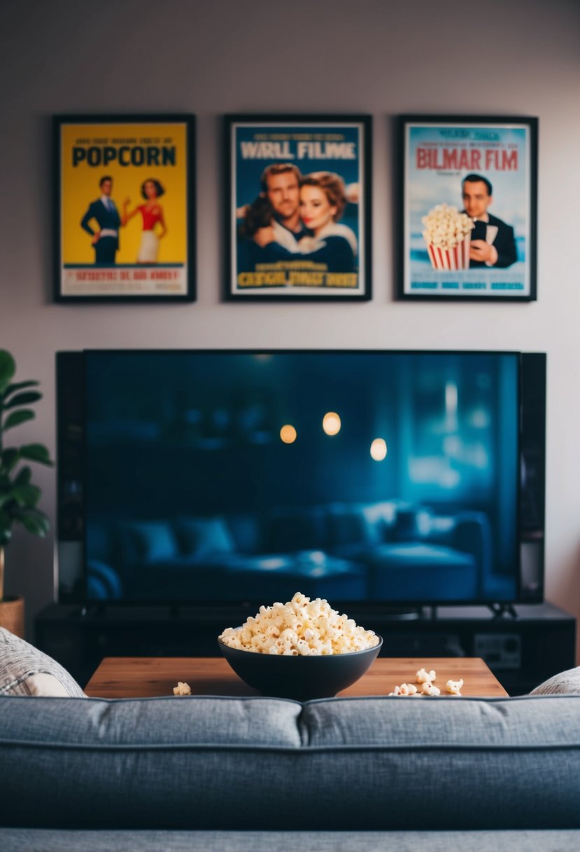 A cozy living room with a big screen TV, a bowl of popcorn, and classic film posters on the wall