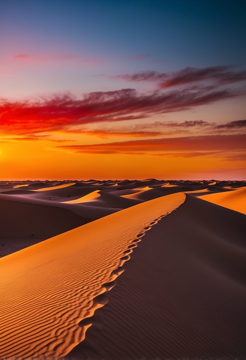 A desert landscape with a vibrant red and yellow sunset casting warm, golden light over the sand dunes