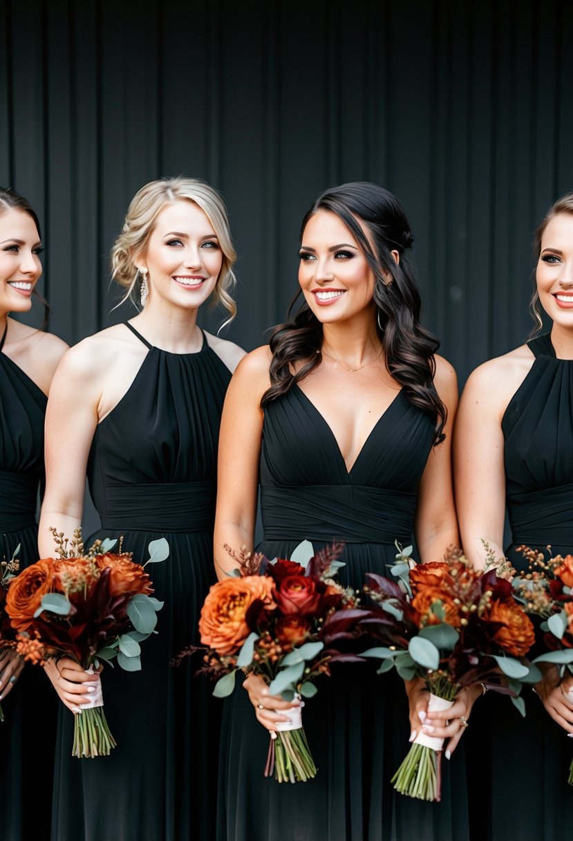 Black bridesmaid dresses with rust-colored bouquets against a dark backdrop