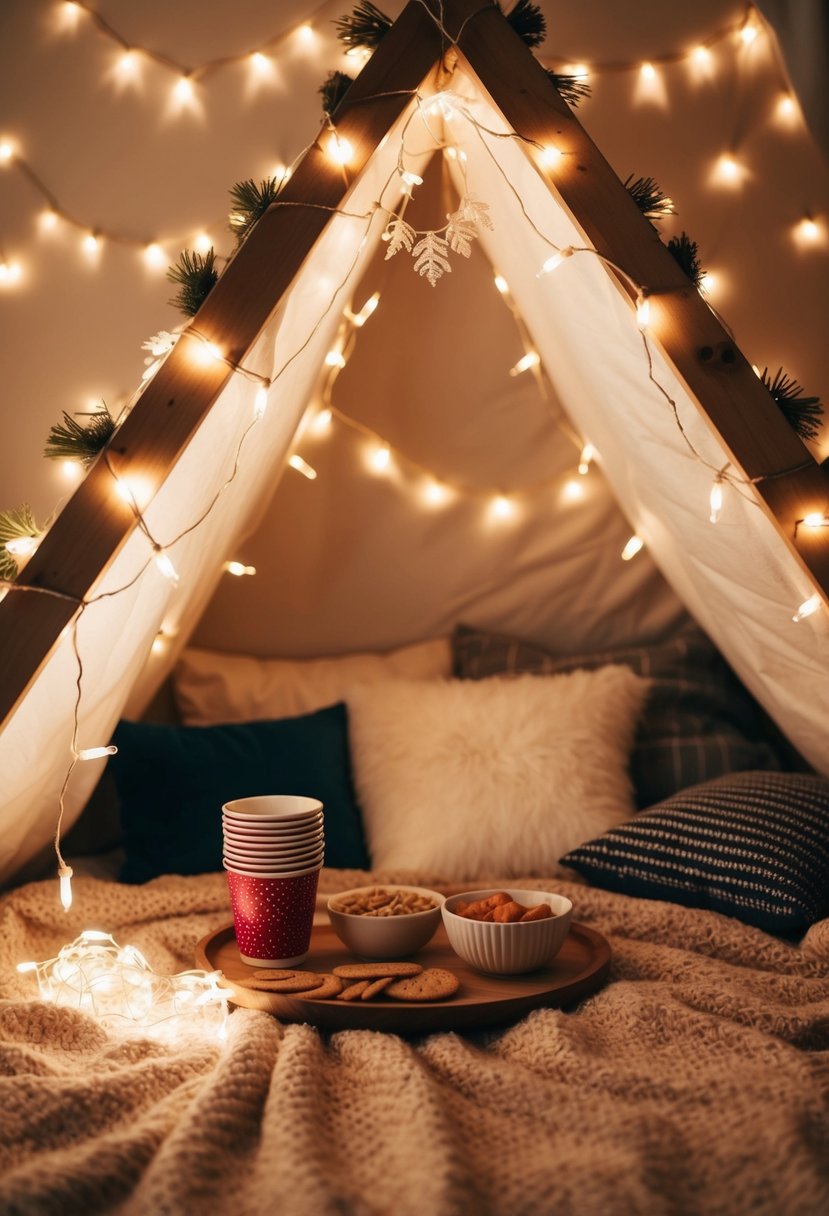 A cozy blanket fort with fairy lights, pillows, and snacks