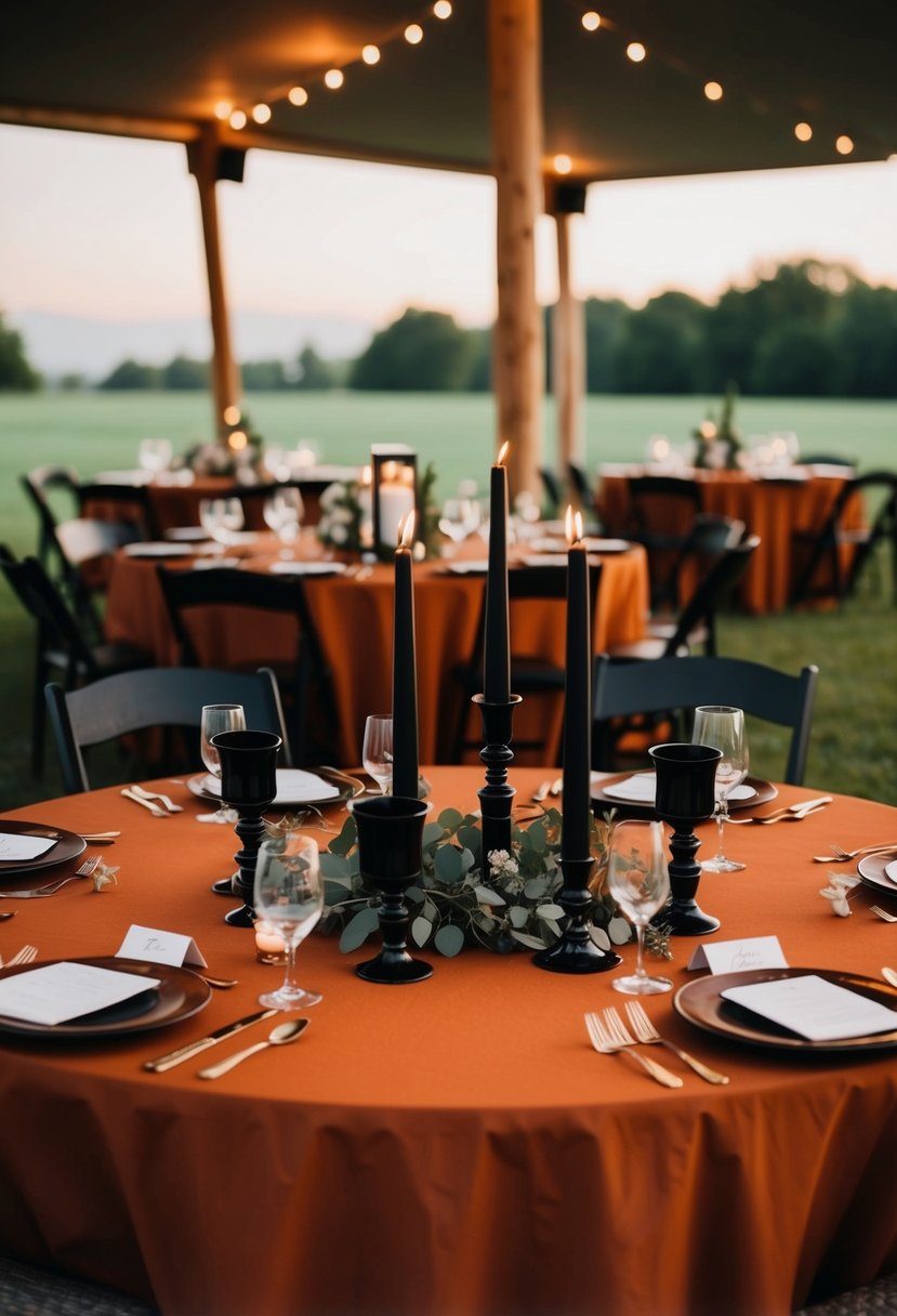 Rust-colored tablecloths with black candle holders arranged for a wedding