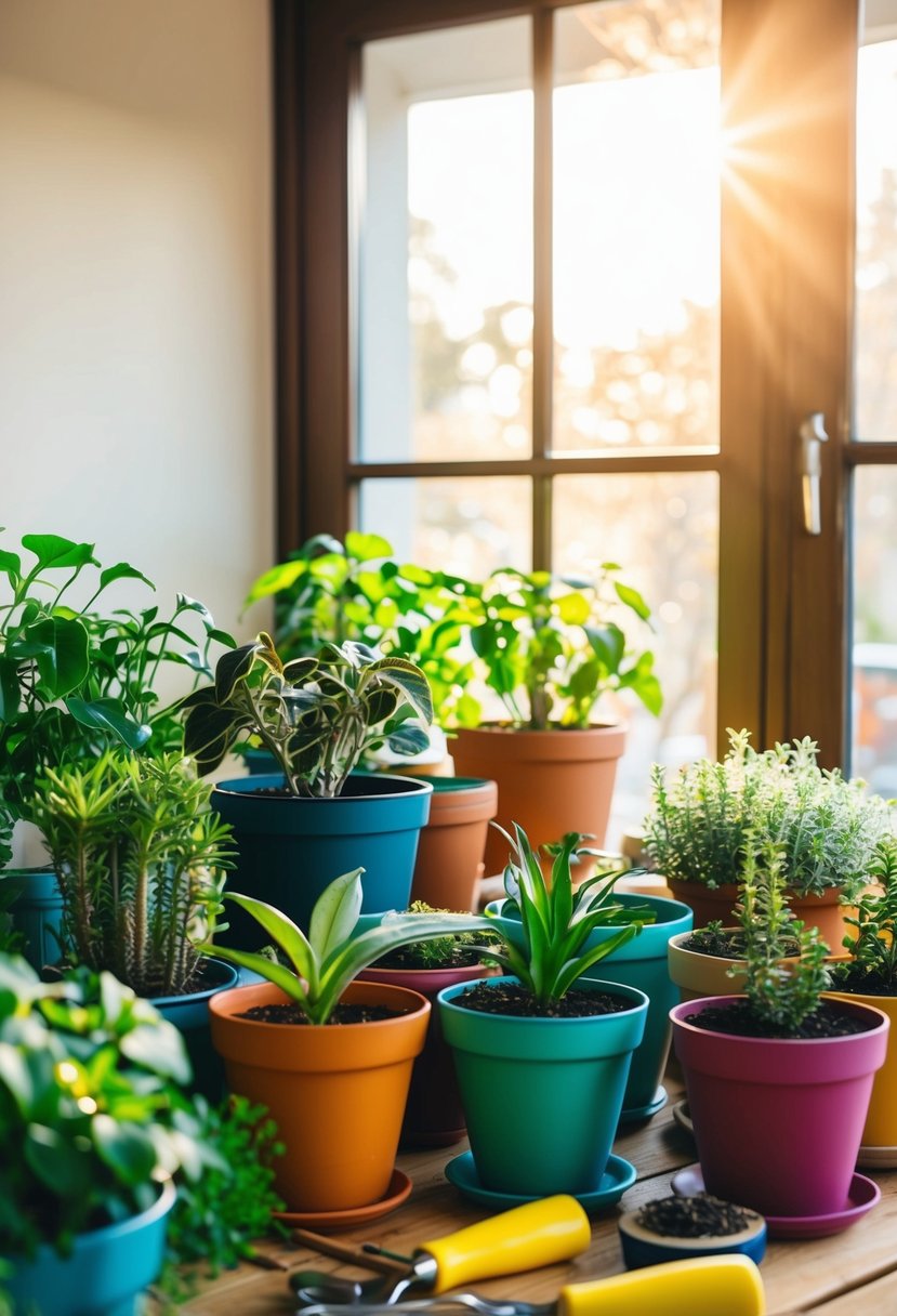 A cozy indoor scene with a variety of potted plants arranged on a table, surrounded by gardening tools and colorful pots. Sunlight streams in through a nearby window, creating a warm and inviting atmosphere