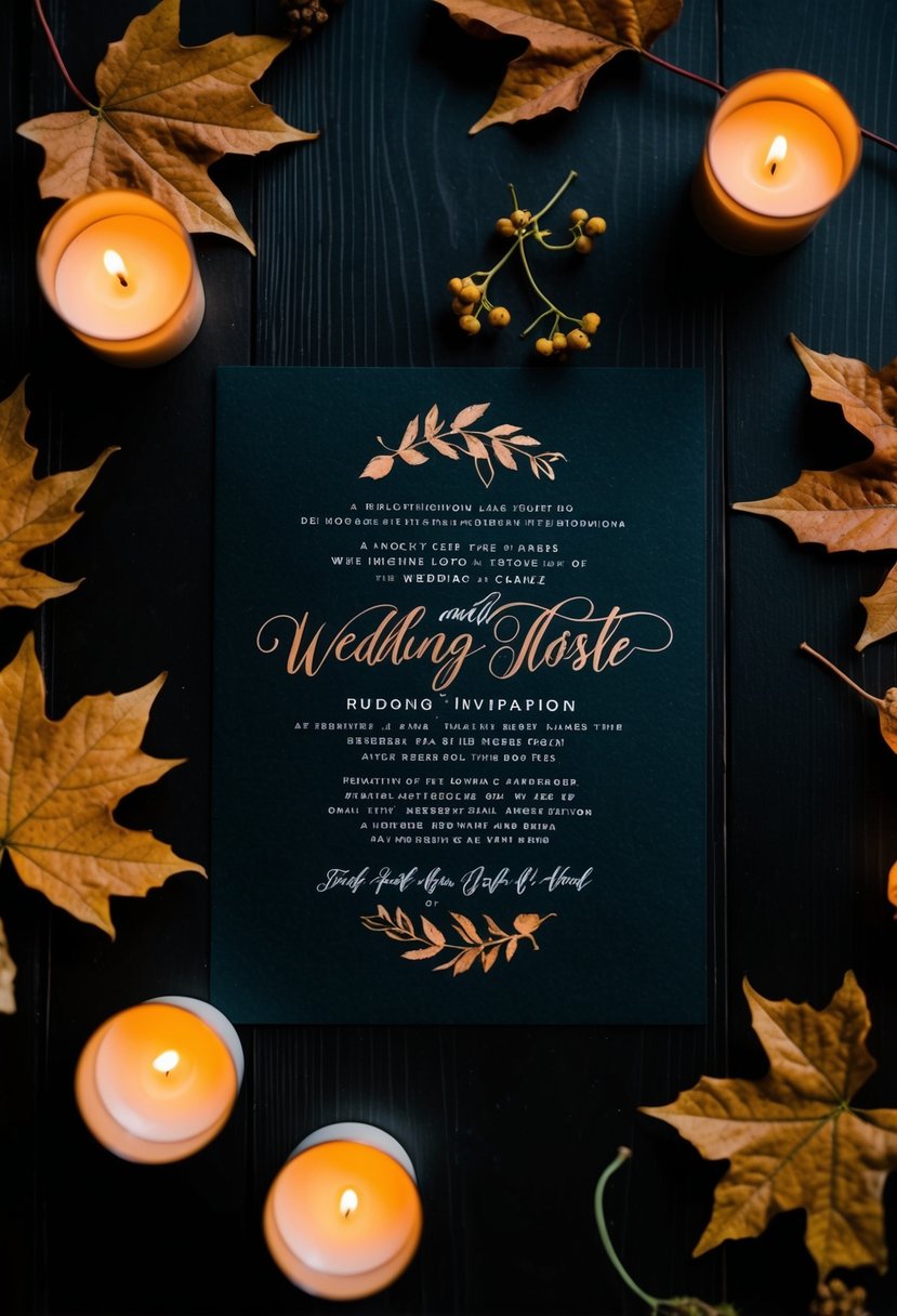 A black wedding invitation with rust-colored calligraphy rests on a dark wooden table, surrounded by autumn leaves and small, glowing candles