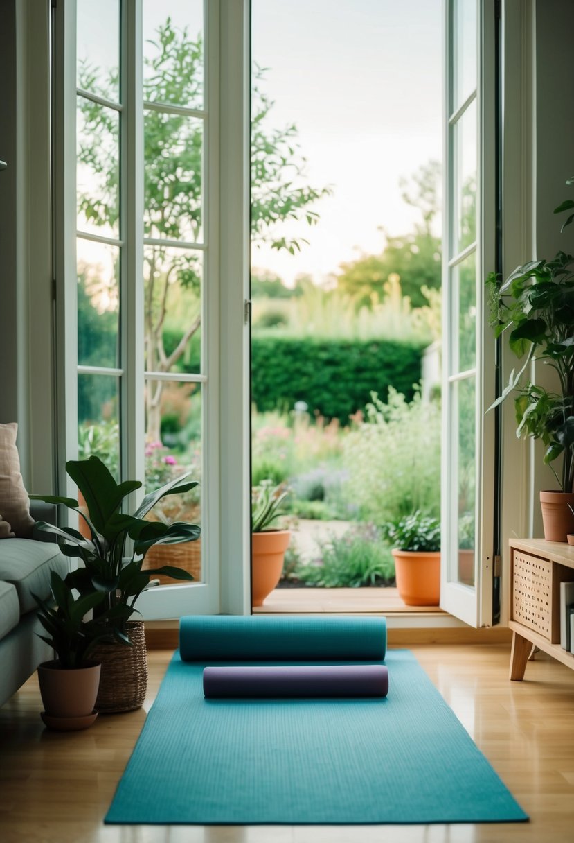 A serene living room with a yoga mat, plants, soft lighting, and open windows overlooking a garden