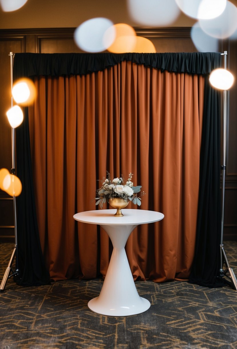 A rust-colored backdrop with black accents for a wedding photo booth