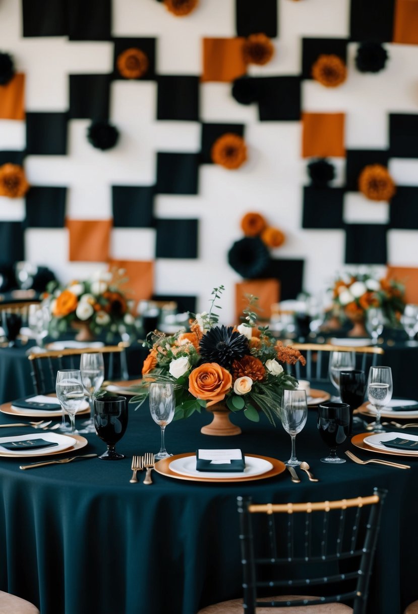 A table adorned with black and rust floral centerpieces, set against a backdrop of black and rust wedding color scheme