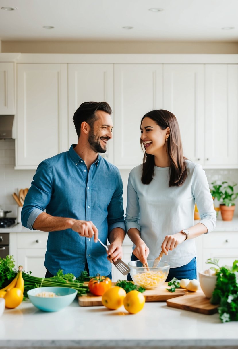 A couple stands side by side in a bright, spacious kitchen, surrounded by fresh ingredients and cooking utensils. They are laughing and chatting as they work together to prepare a new recipe