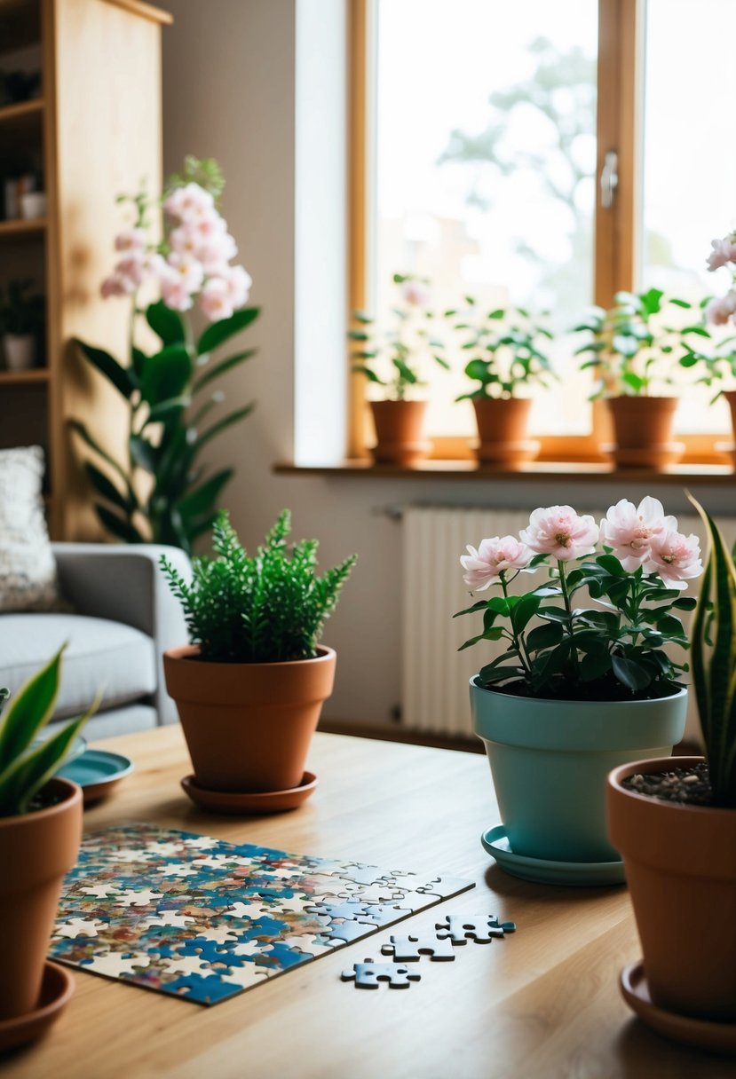 A cozy living room with a table set for a puzzle challenge, surrounded by blooming potted plants and soft natural light streaming in through the window