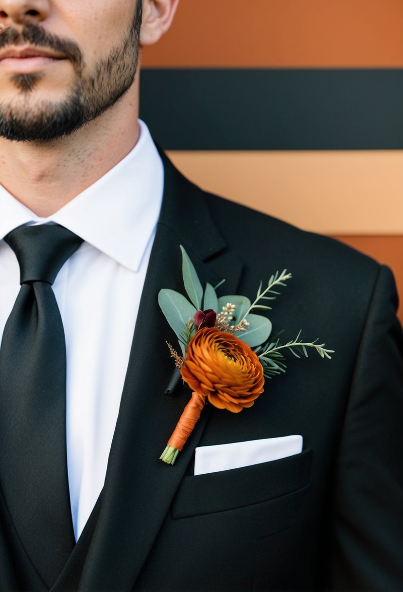 A black groom suit with a rust-colored boutonniere against a black and rust wedding color palette