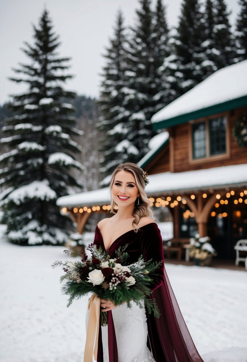 A cozy winter wedding with deep burgundy, emerald green, and gold accents. A snow-covered landscape with evergreen trees and a charming rustic venue