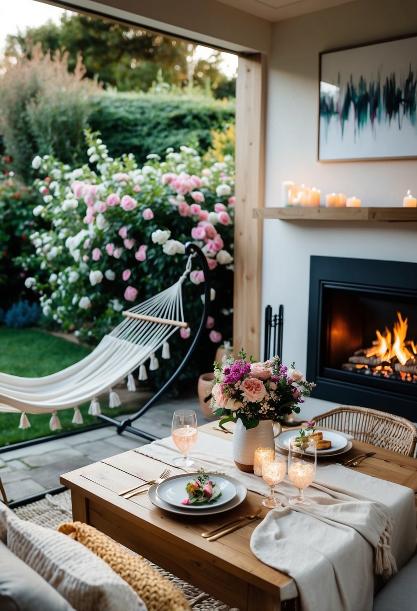 A cozy living room with a crackling fireplace, soft blankets, and a table set with a romantic dinner for two. Outside, a garden filled with blooming flowers and a hammock for relaxing