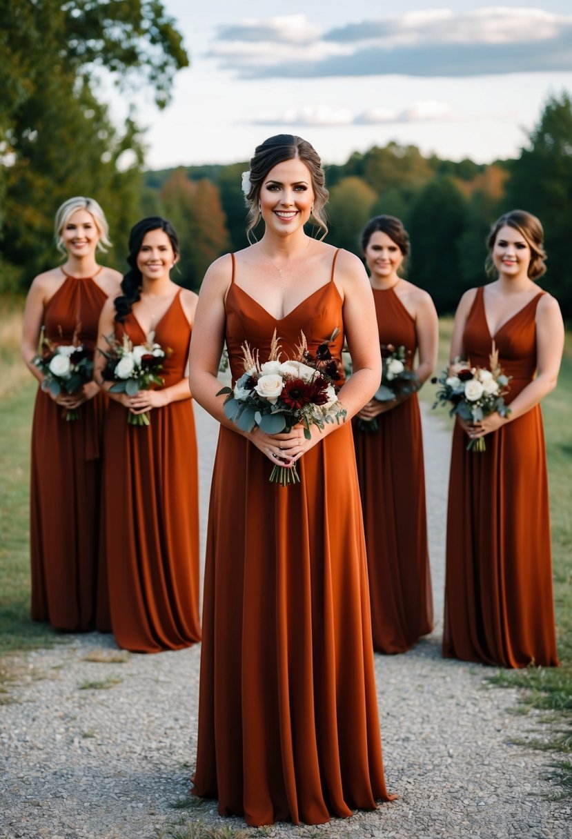 Rust bridesmaid dresses with black accessories in a rustic wedding setting