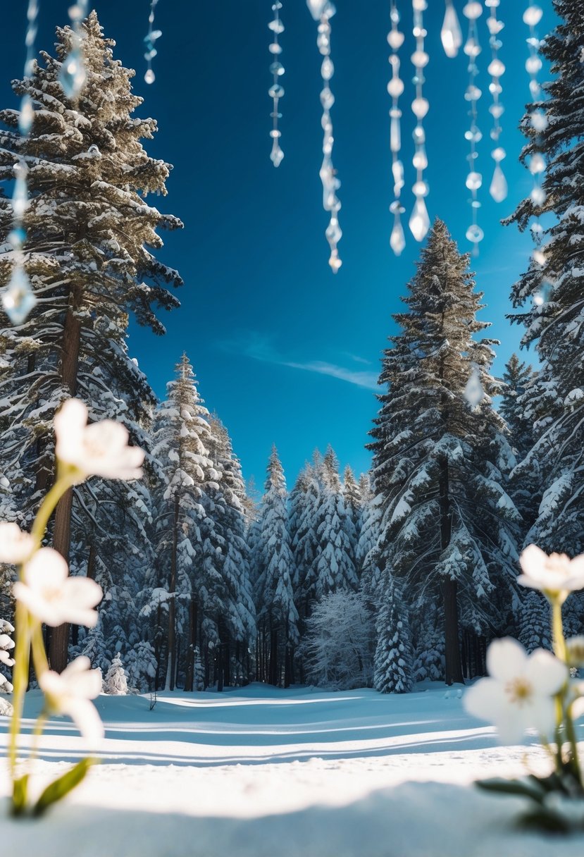 A serene winter forest scene with snow-covered trees and a deep blue sapphire sky, accented with delicate white flowers and sparkling crystal decorations