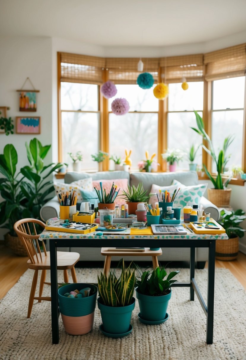 A cozy living room with a table covered in art supplies, surrounded by potted plants and colorful spring decorations