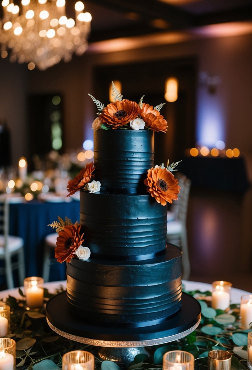 A black wedding cake adorned with rust-colored floral decorations stands as a striking centerpiece in a moody and elegant wedding reception