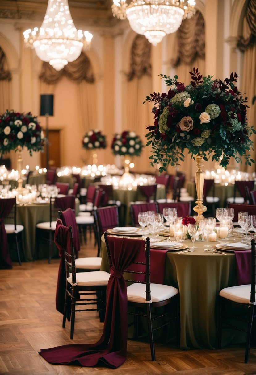 A grand banquet hall adorned with burgundy and olive floral arrangements, draped in luxurious fabrics and illuminated by soft candlelight