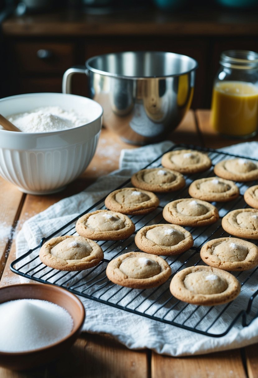 A cozy kitchen scene with a mixing bowl, flour, sugar, and a tray of freshly baked cookies cooling on a wire rack