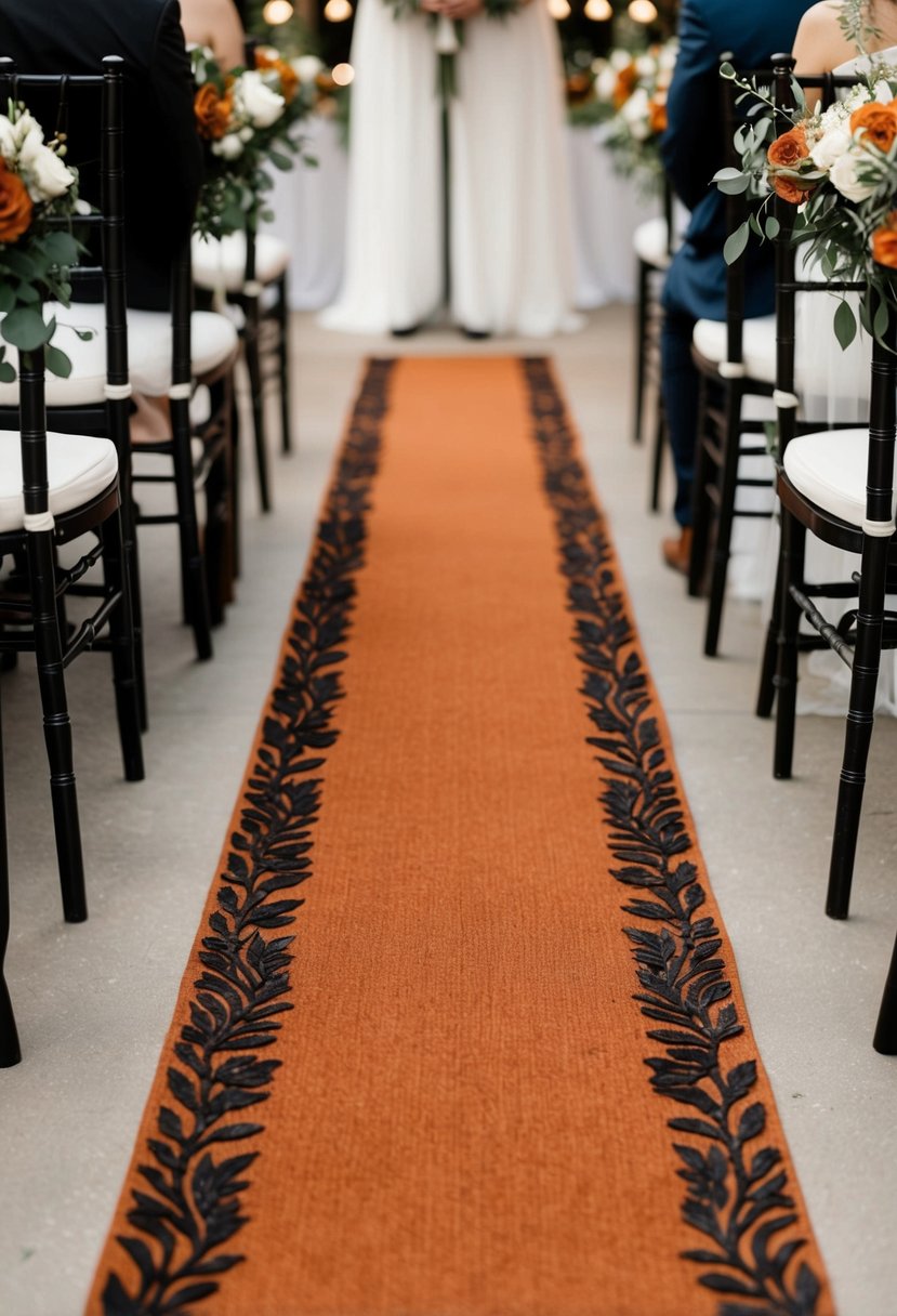 Rust-colored aisle runners lead through a wedding ceremony, accented with black and rust colors