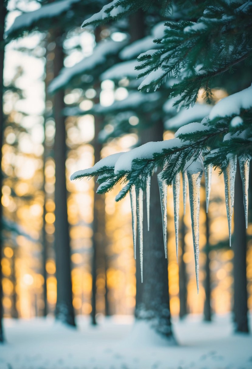 A snowy forest glows with emerald and champagne accents, as delicate icicles hang from evergreen branches