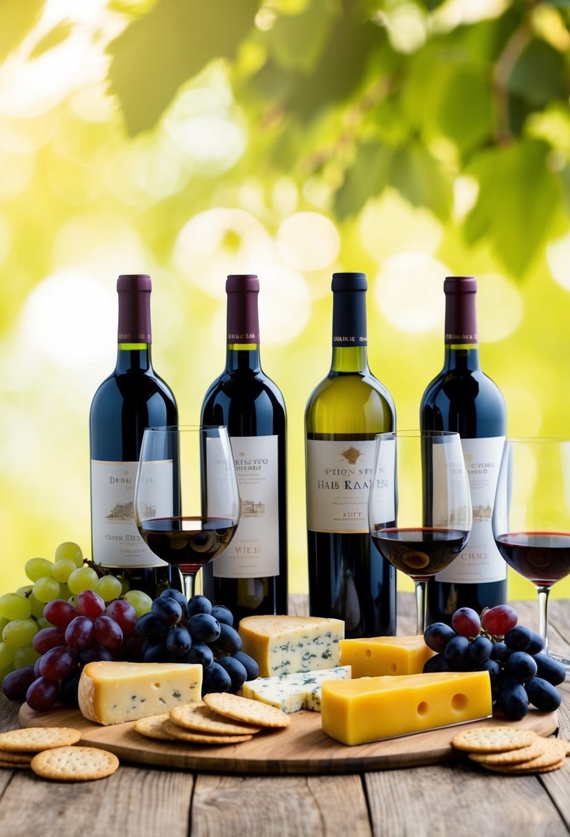 A table set with an assortment of cheeses, crackers, and grapes, accompanied by several bottles of wine and elegant wine glasses