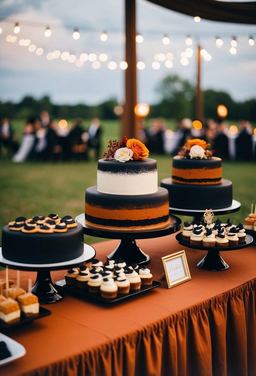 A black and rust-colored dessert table at a wedding reception