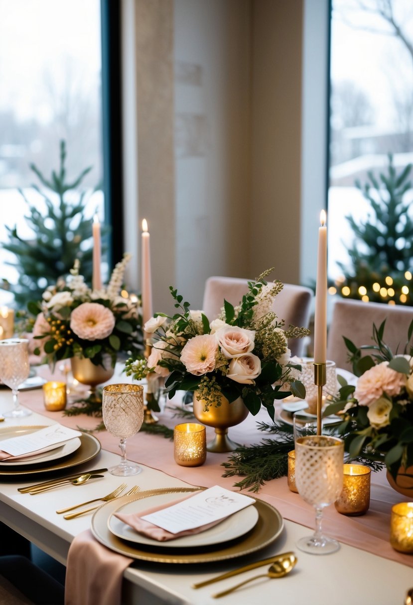 A cozy winter wedding scene with blush and gold accents, featuring floral arrangements, candles, and elegant table settings