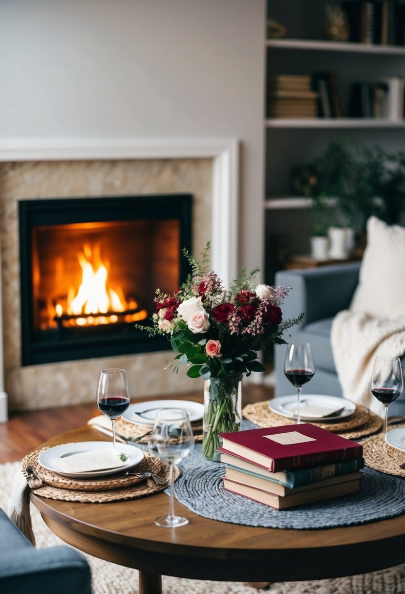 A cozy living room with a crackling fire, soft blankets, and a table set for a romantic dinner. A vase of fresh flowers sits in the center, and a stack of poetry books waits to be read