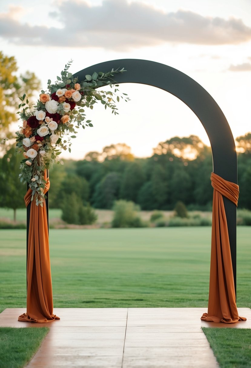 A rust and black wedding arch adorned with flowers and draped fabric