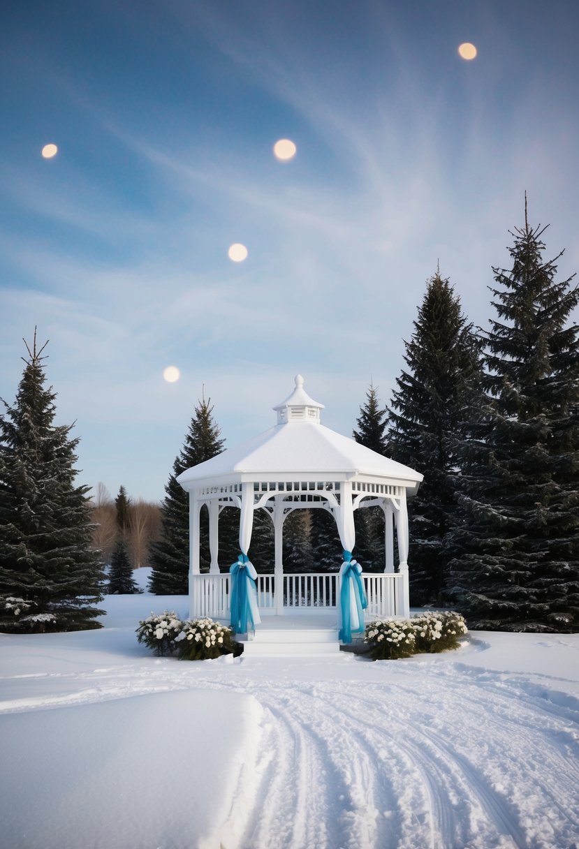 A snow-covered landscape with a white gazebo adorned with ice blue ribbons and flowers, surrounded by evergreen trees and twinkling lights