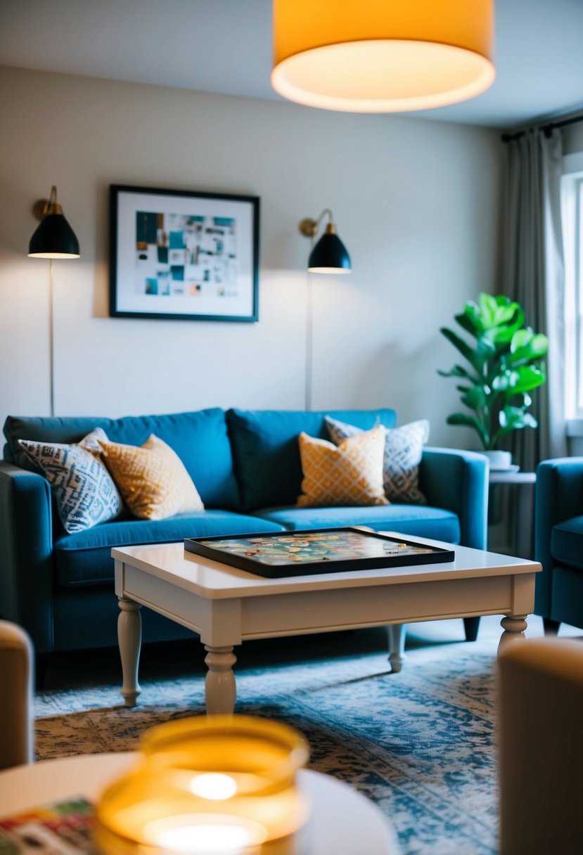 A cozy living room with a board game set up on a coffee table, surrounded by comfortable seating and soft lighting