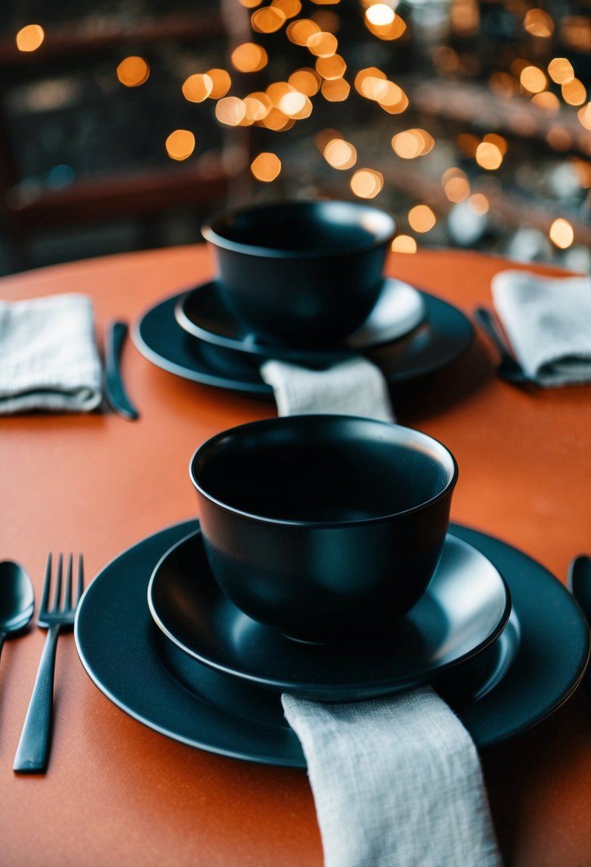 Black dinnerware set on a rust-colored table with linen napkins