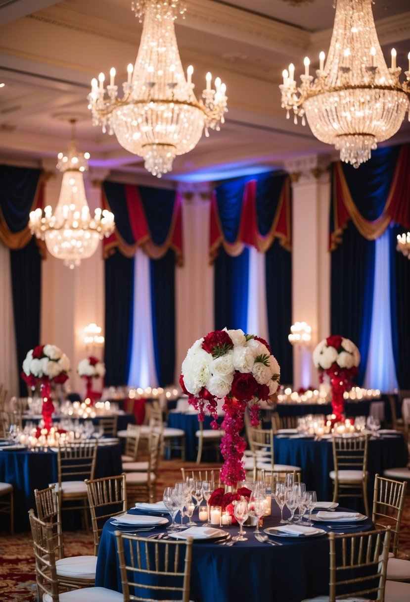 A grand ballroom adorned with navy and ruby red decor, opulent chandeliers casting a warm glow over the winter wedding celebration