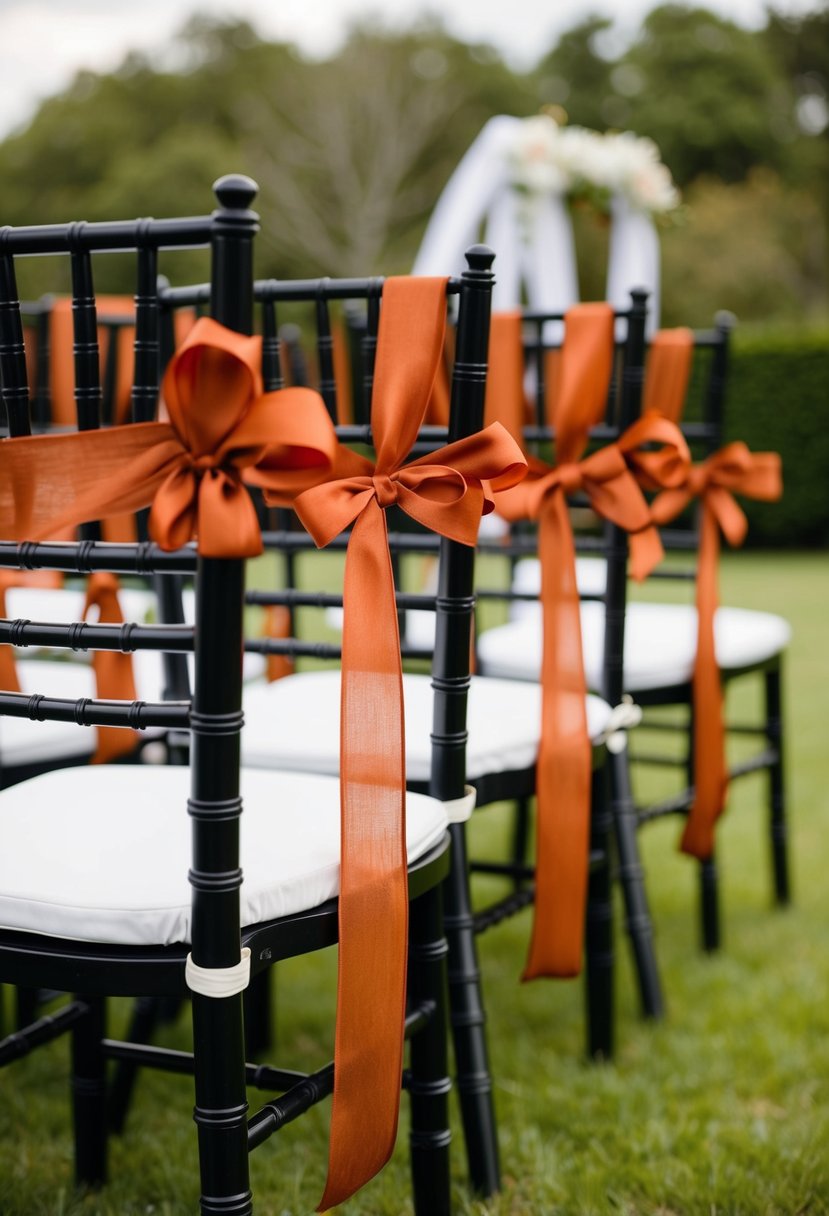 Rust-colored ribbons adorn black chairs in a wedding setting