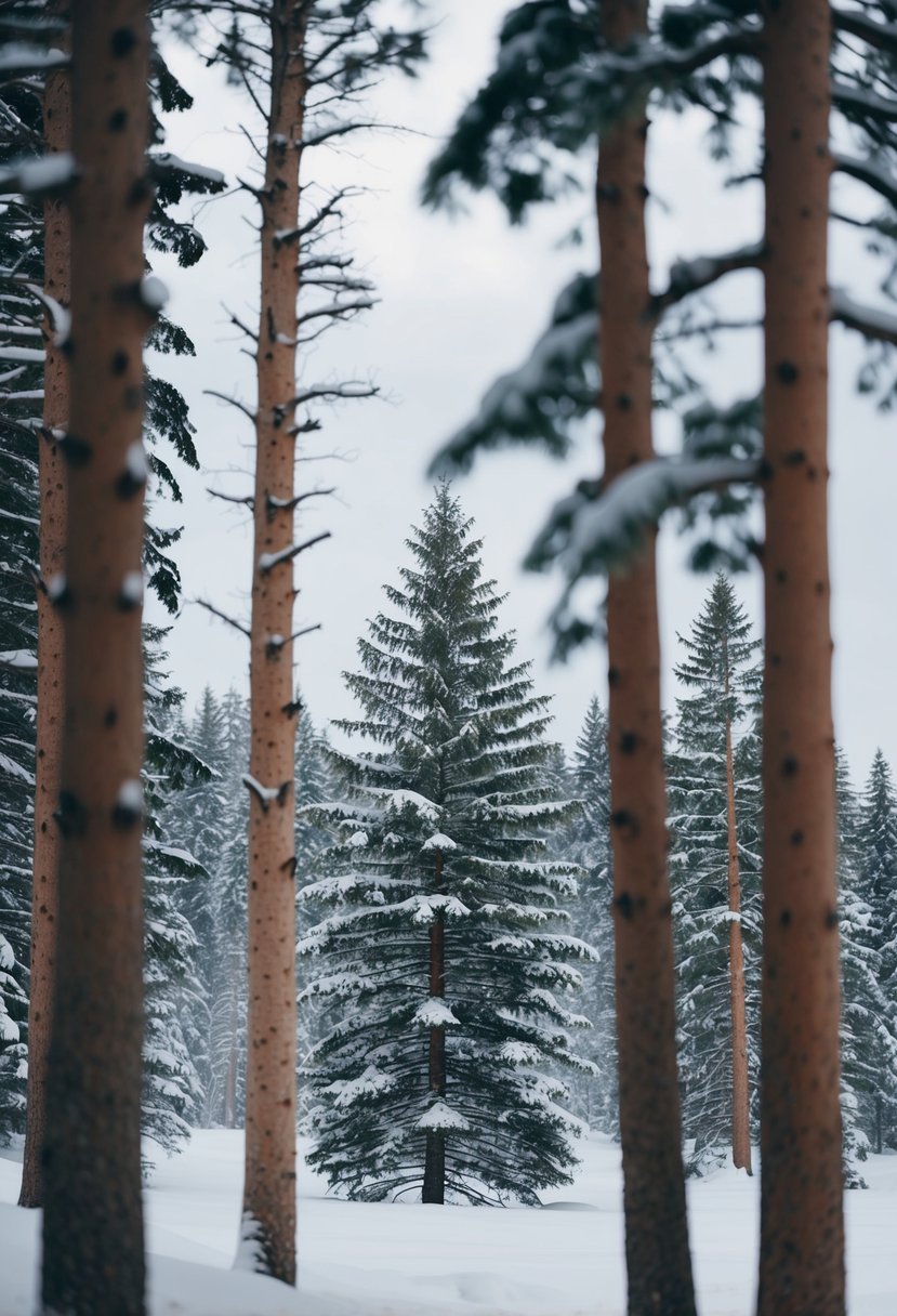 A snowy forest with evergreen trees and white accents