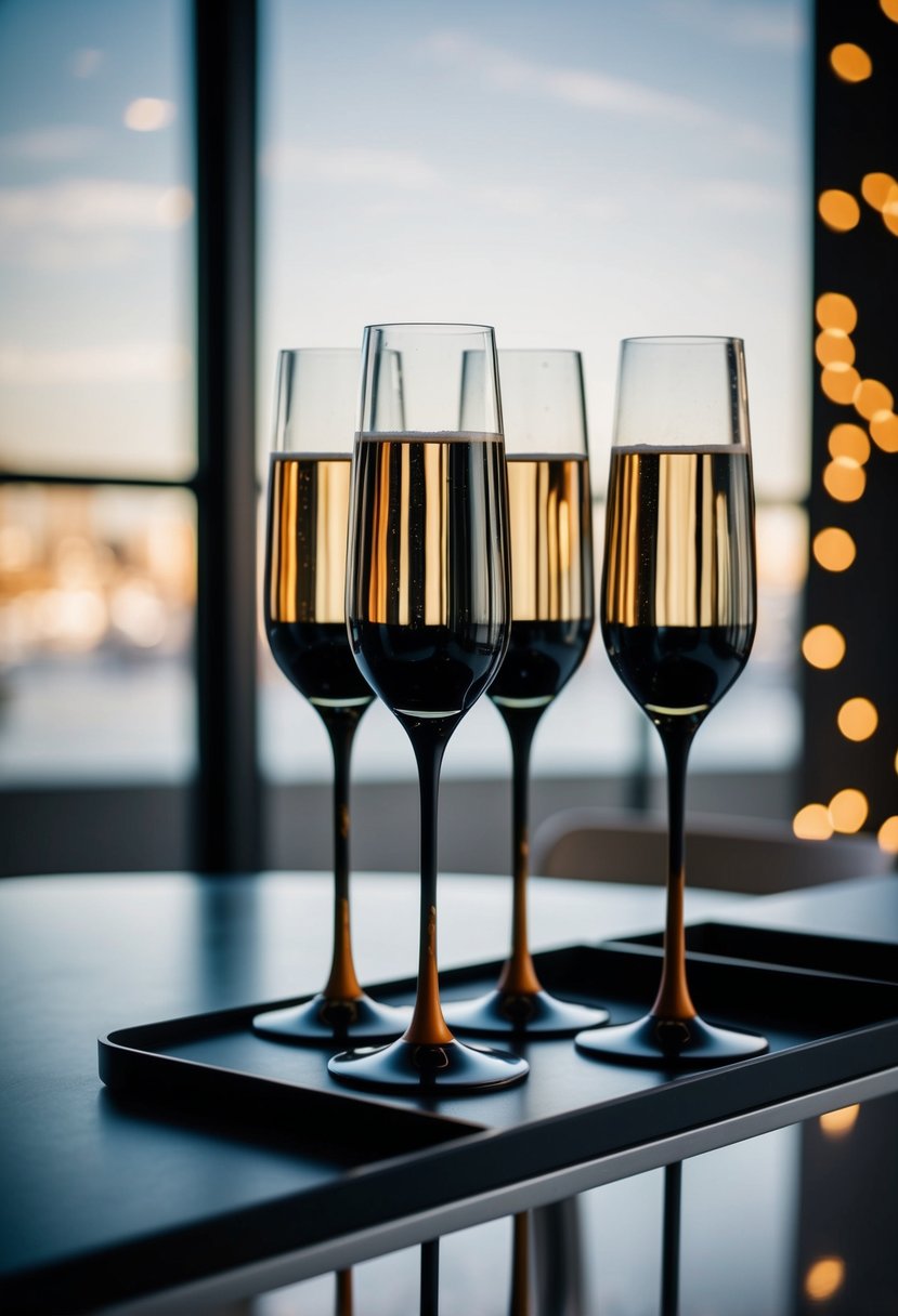 Black champagne flutes with rust-colored stems arranged on a sleek, modern table