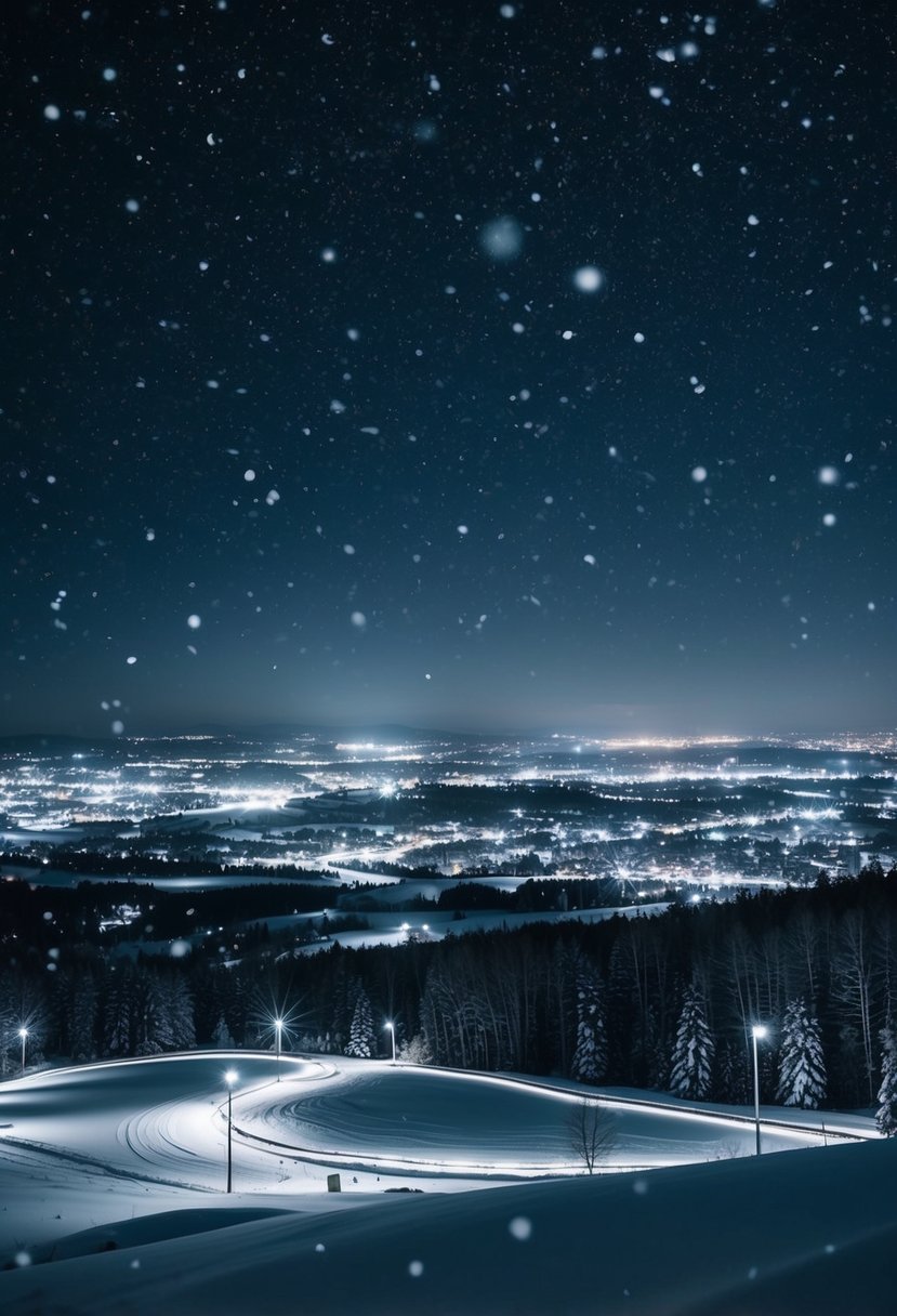 A snowy landscape at night, with a black and silver color scheme highlighted by twinkling lights and shimmering snowflakes