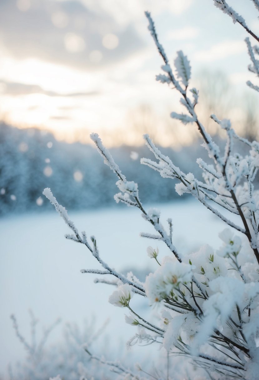 A snowy landscape with soft pastel hues, frosted branches, and delicate winter florals