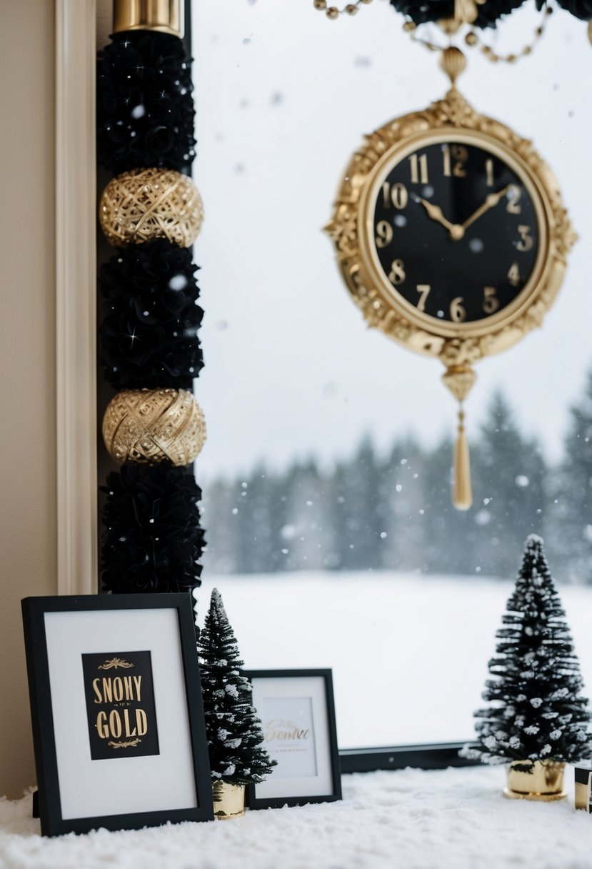 A snowy landscape with black and white decor, accented with gold details