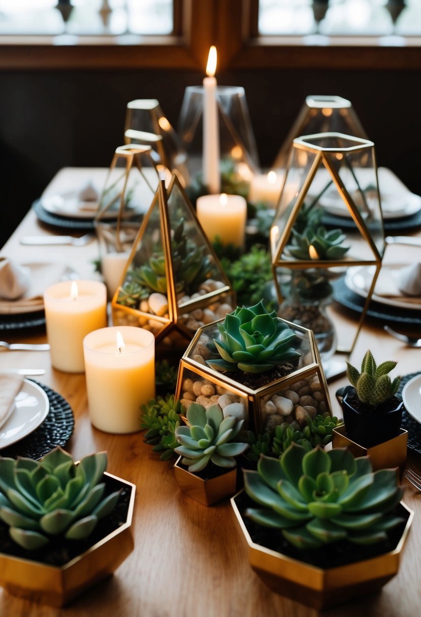 A table adorned with succulents, candles, and geometric terrariums