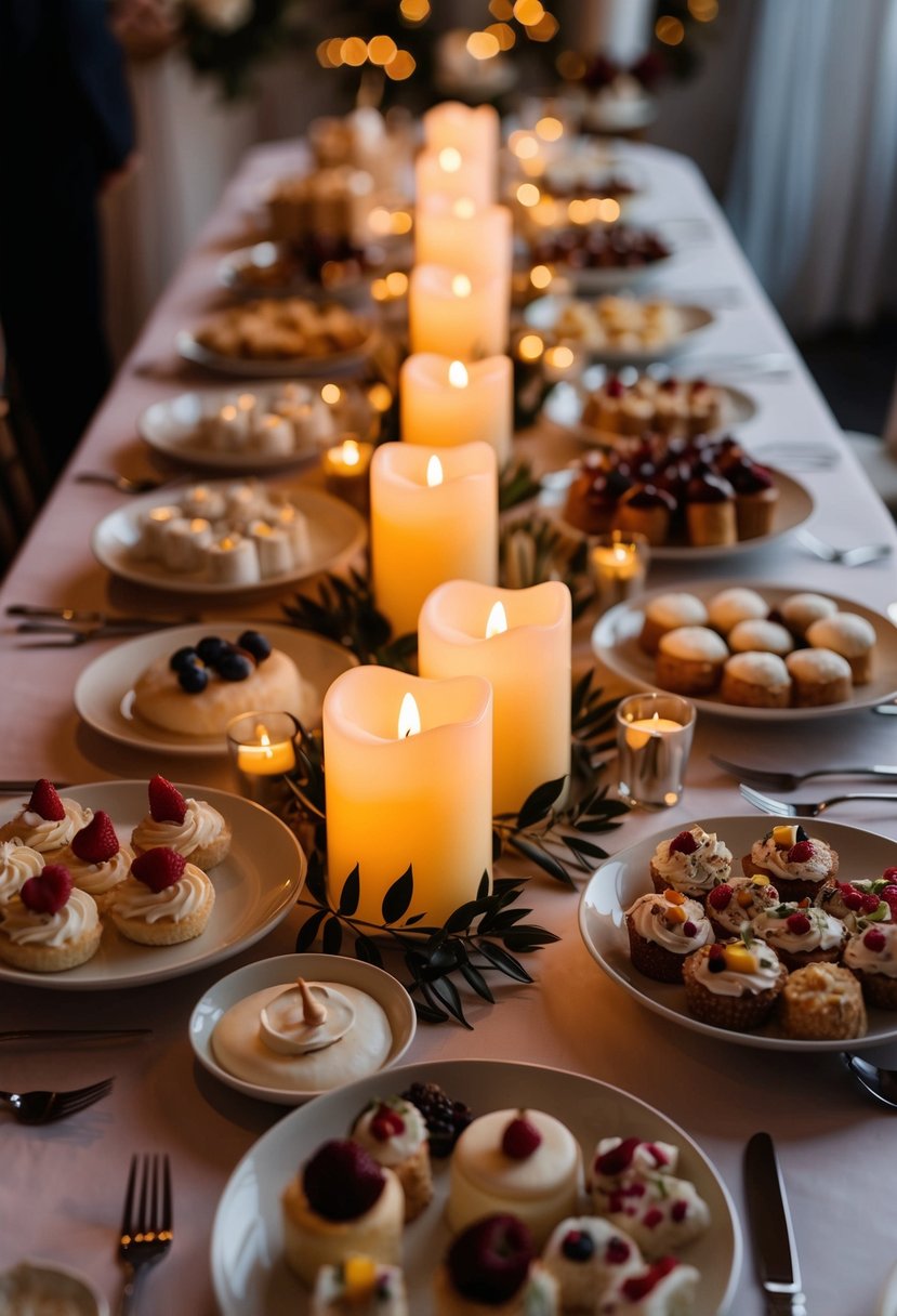 Flameless LED candles illuminate a table adorned with an array of unique wedding treats