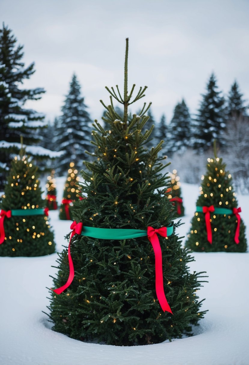 A snowy landscape with evergreen trees and holly bushes, adorned with red and green ribbons and twinkling lights