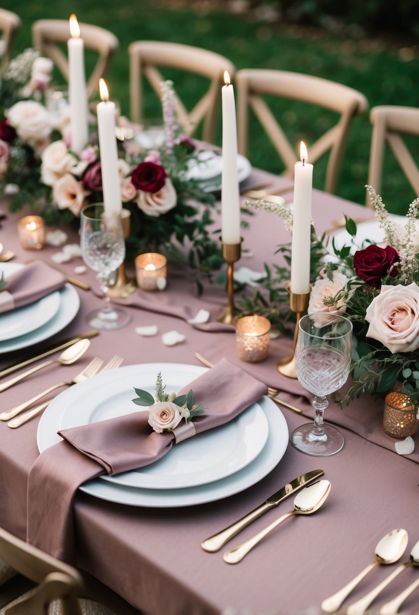 A table set with mauve tablecloth, floral centerpieces, and matching napkins. Delicate candles and rose petals add romantic ambiance