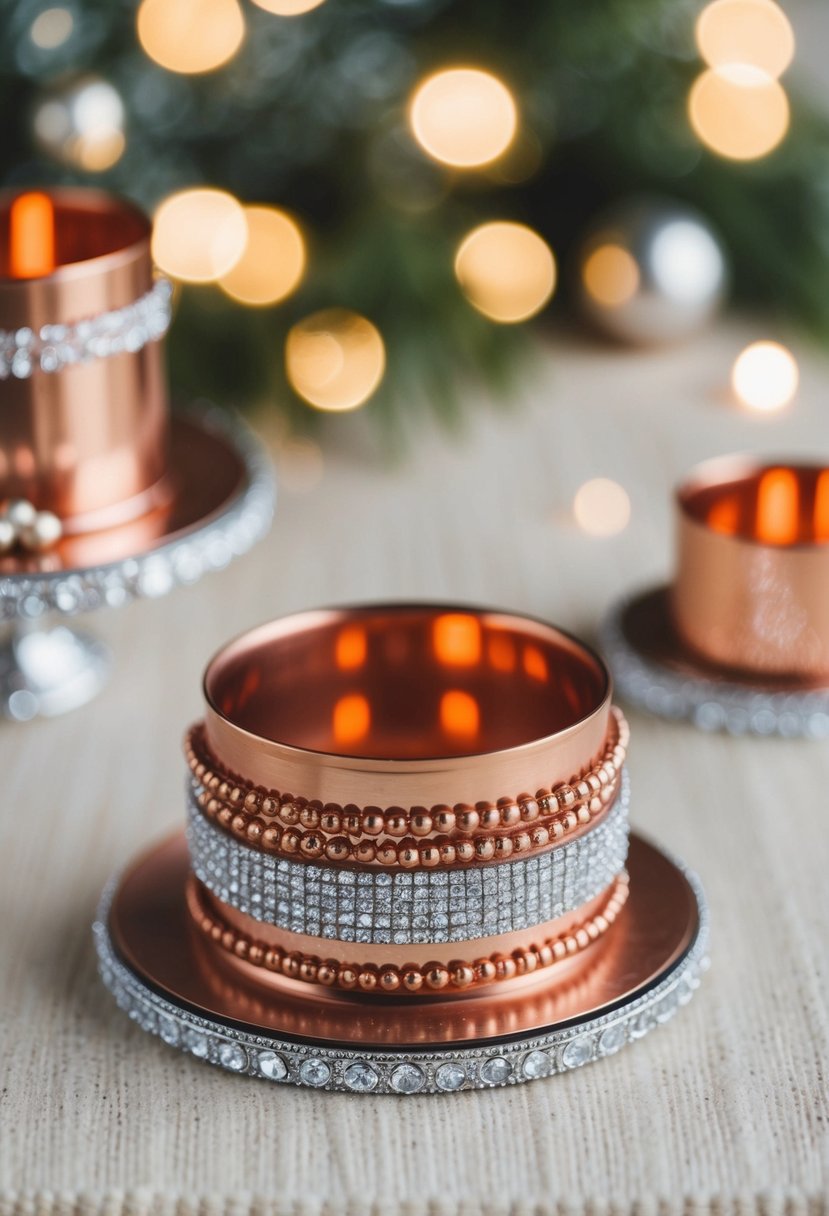 A cozy winter wedding scene with metallic copper accents and shimmering silver details