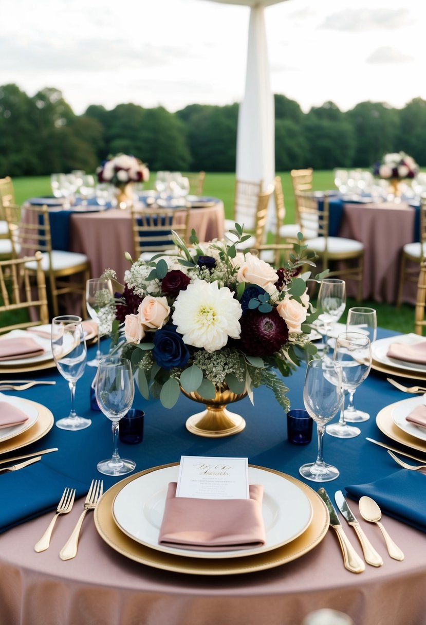 A regal wedding table setting with mauve linens, navy accents, and elegant floral centerpieces